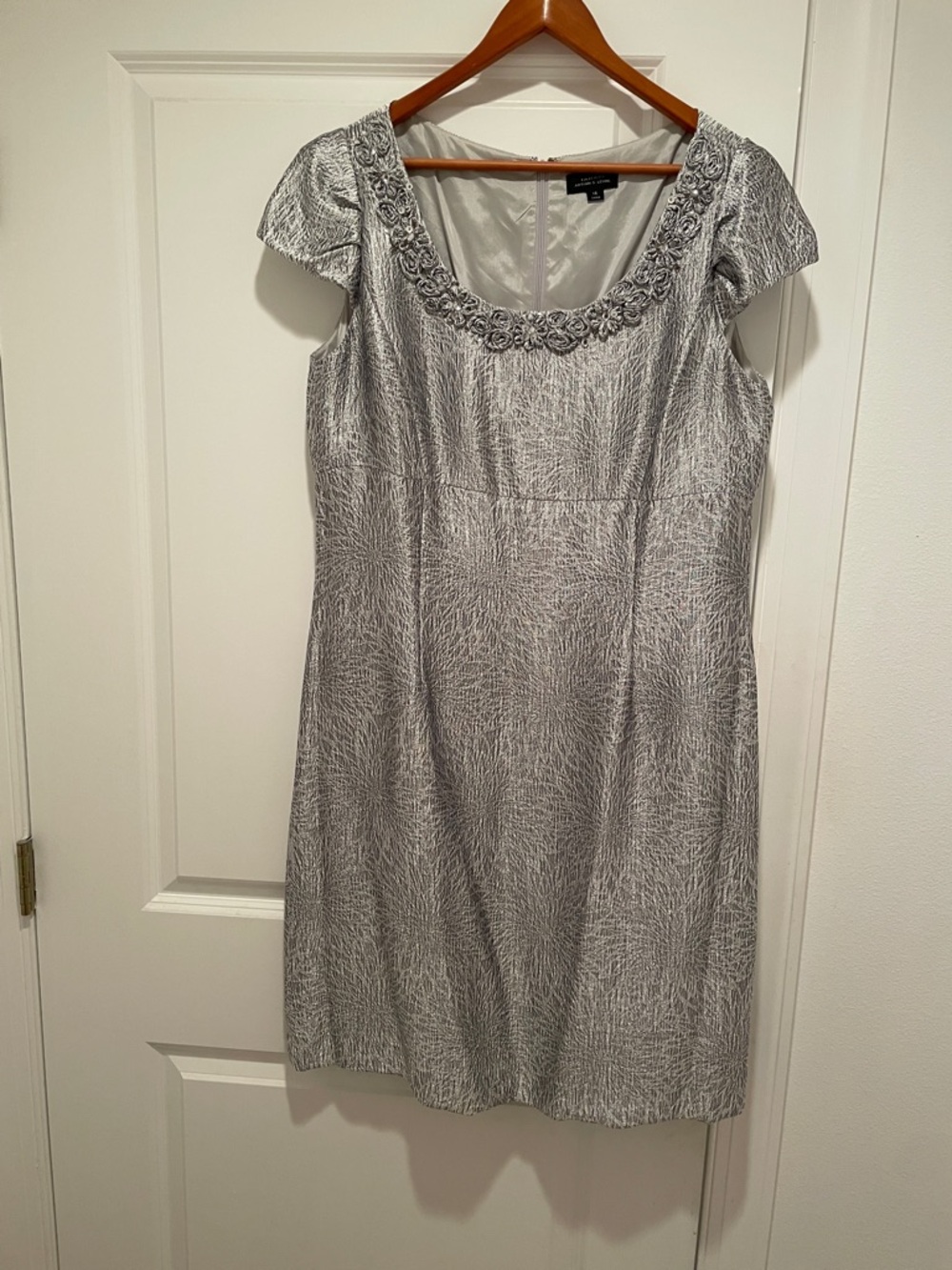 Silver Cap-Sleeve Midi Dress with Embroidered Scoop Neck